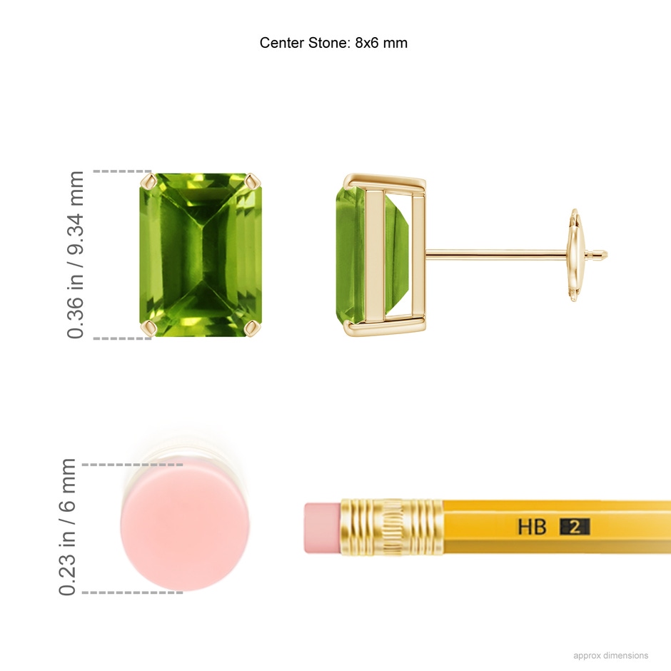 8x6mm AAAA Prong-Set Emerald-Cut Peridot Solitaire Stud Earrings in Yellow Gold ruler