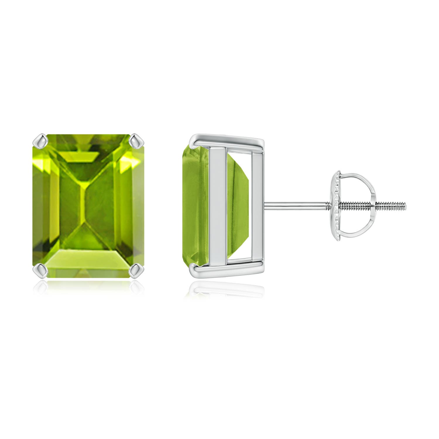 9x7mm AAA Prong-Set Emerald-Cut Peridot Solitaire Stud Earrings in P950 Platinum