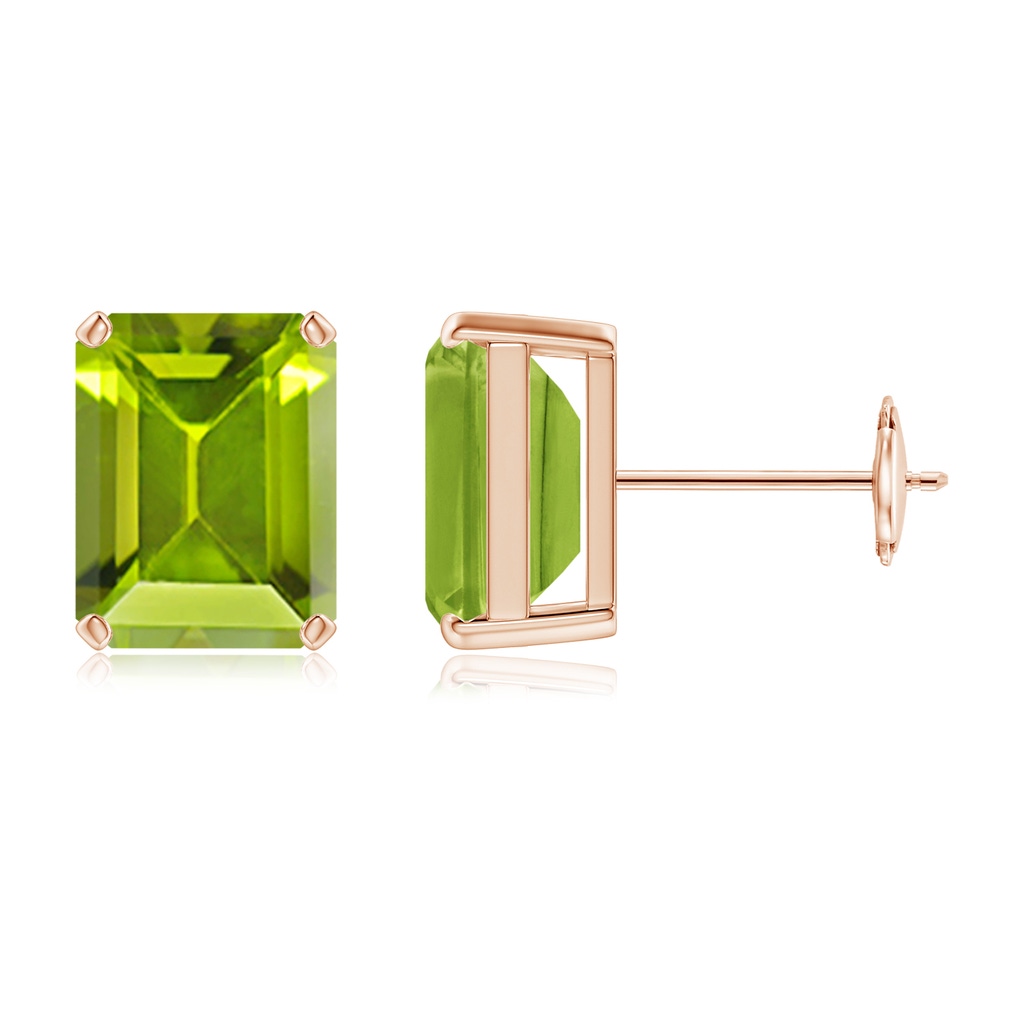 9x7mm AAA Prong-Set Emerald-Cut Peridot Solitaire Stud Earrings in Rose Gold