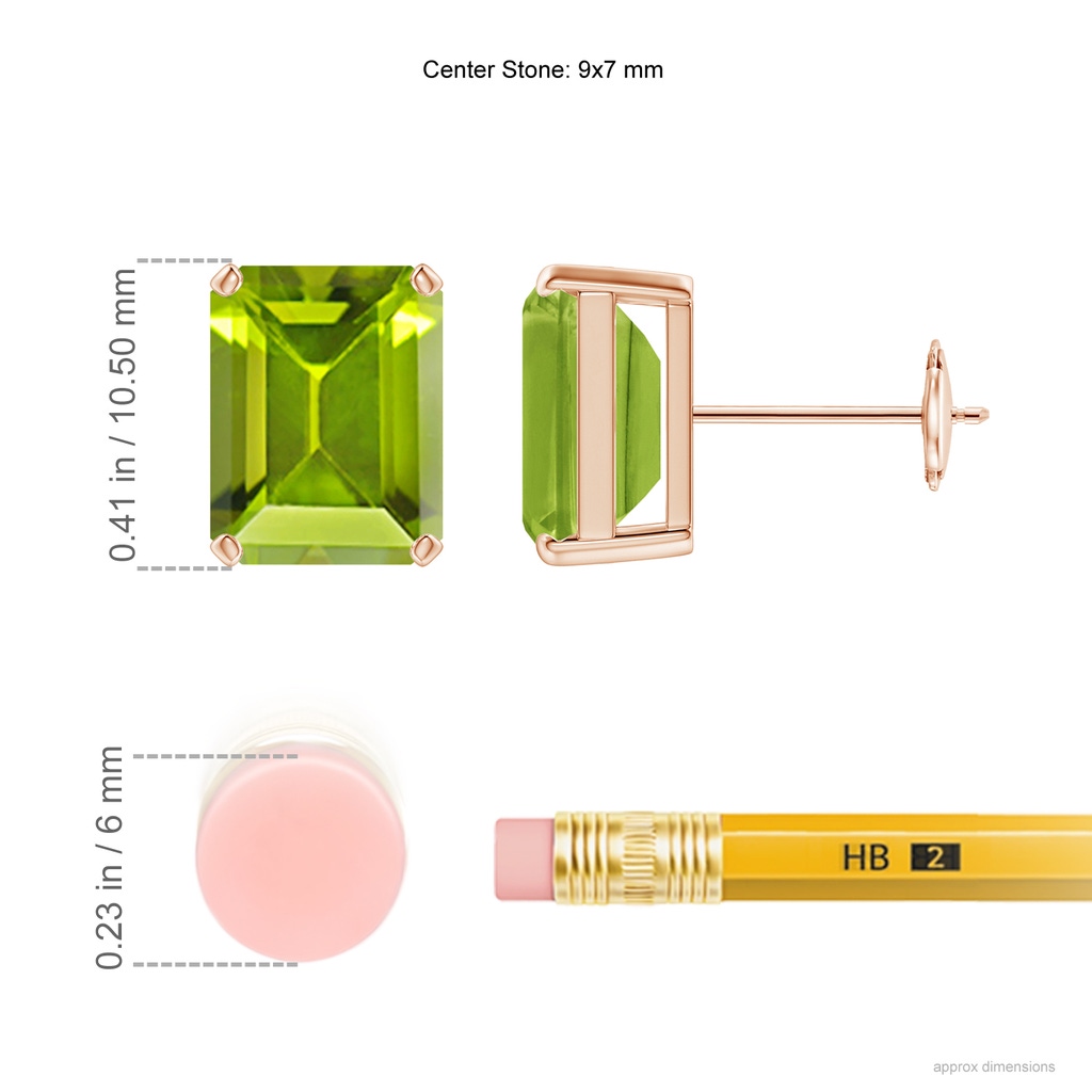 9x7mm AAA Prong-Set Emerald-Cut Peridot Solitaire Stud Earrings in Rose Gold ruler