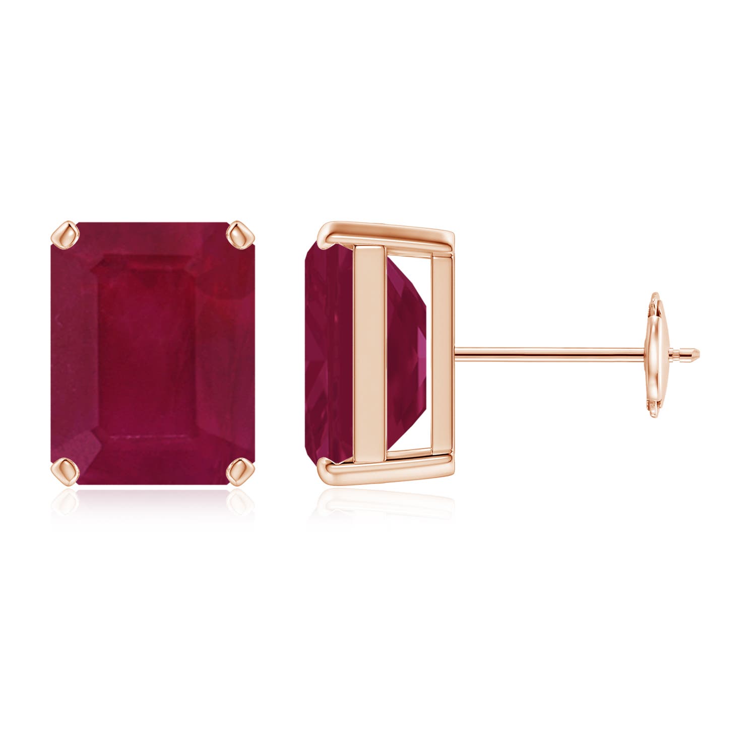 10x8mm A Prong-Set Emerald-Cut Ruby Solitaire Stud Earrings in Rose Gold