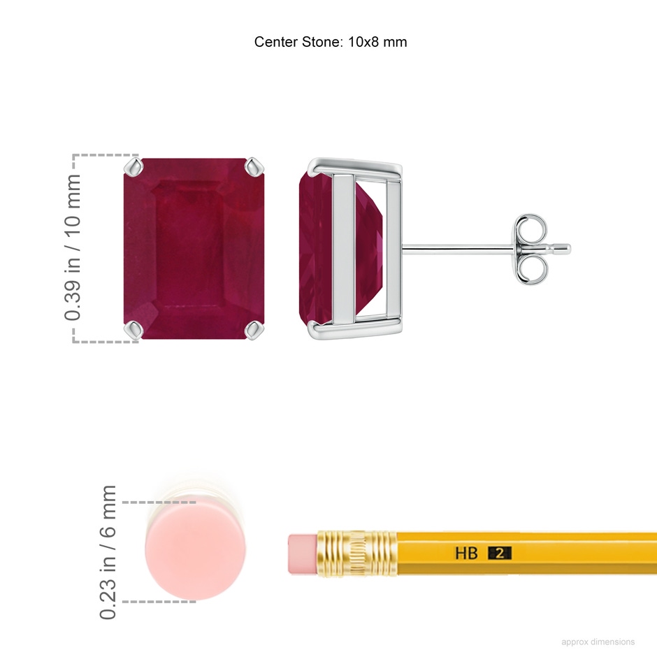 10x8mm A Prong-Set Emerald-Cut Ruby Solitaire Stud Earrings in S999 Silver ruler
