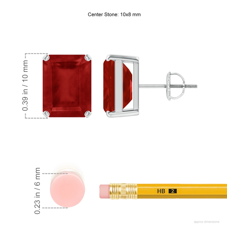 10x8mm AA Prong-Set Emerald-Cut Ruby Solitaire Stud Earrings in P950 Platinum ruler