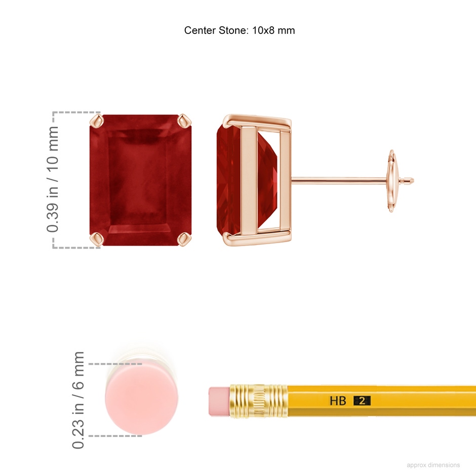10x8mm AA Prong-Set Emerald-Cut Ruby Solitaire Stud Earrings in Rose Gold ruler