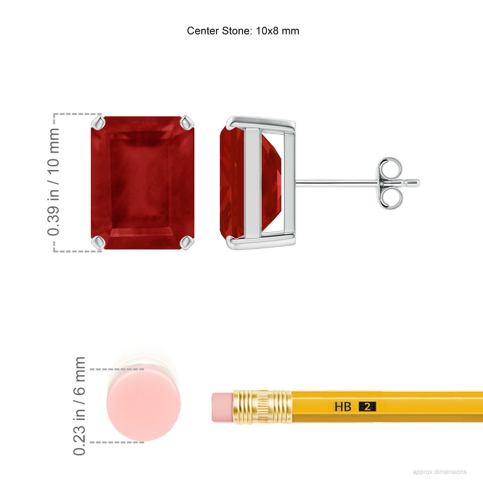 10x8mm AA Prong-Set Emerald-Cut Ruby Solitaire Stud Earrings in S999 Silver ruler