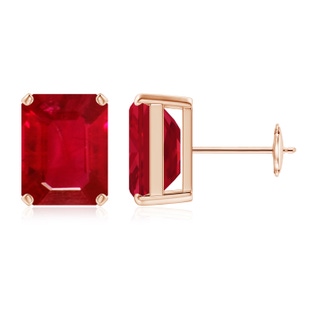10x8mm AAA Prong-Set Emerald-Cut Ruby Solitaire Stud Earrings in Rose Gold