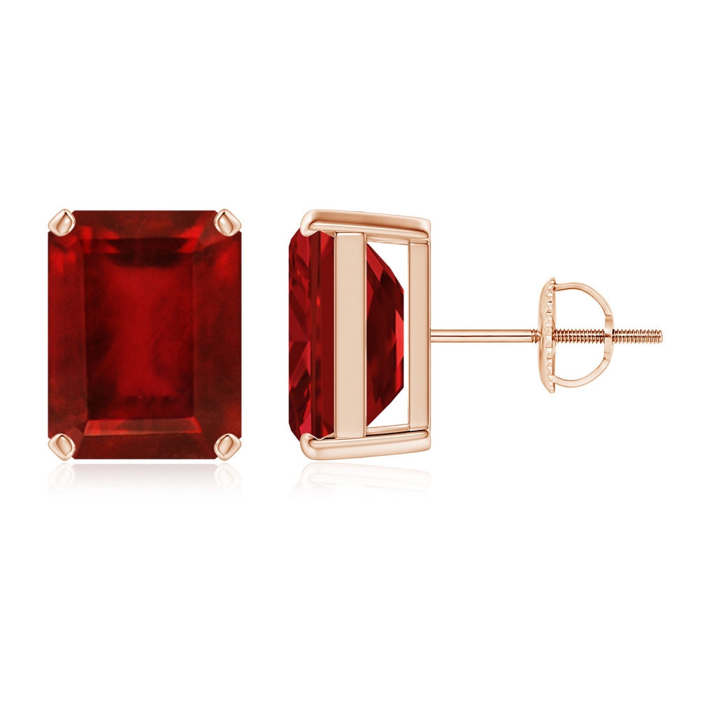 10x8mm AAAA Prong-Set Emerald-Cut Ruby Solitaire Stud Earrings in 18K Rose Gold