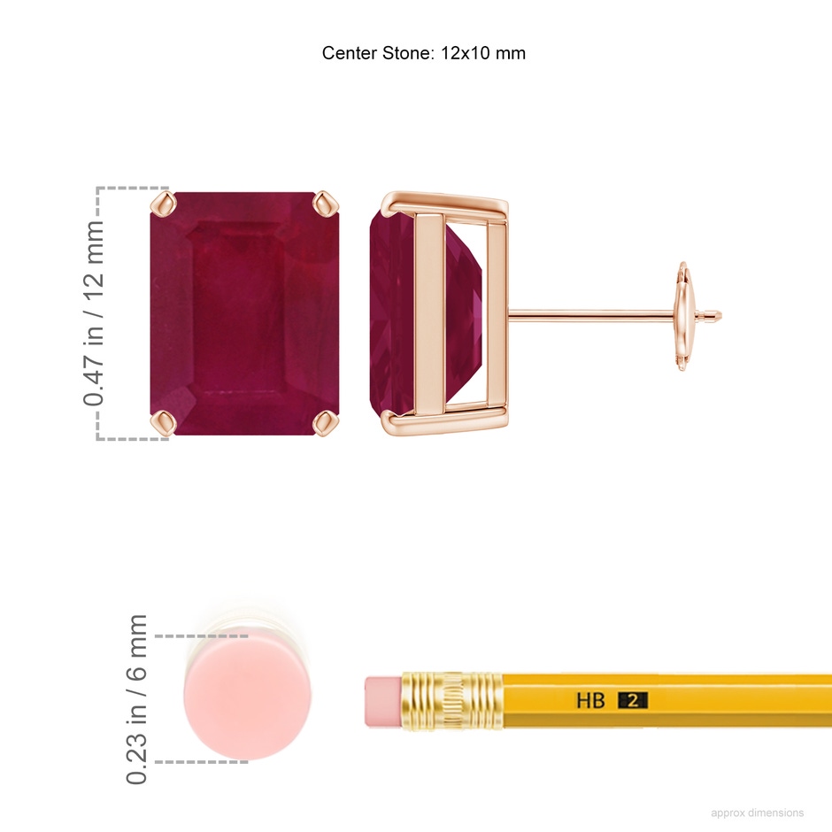 12x10mm A Prong-Set Emerald-Cut Ruby Solitaire Stud Earrings in Rose Gold ruler