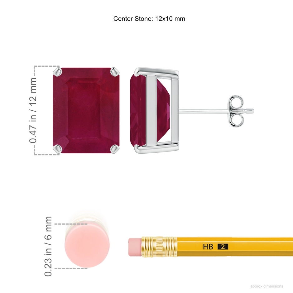 12x10mm A Prong-Set Emerald-Cut Ruby Solitaire Stud Earrings in S999 Silver ruler