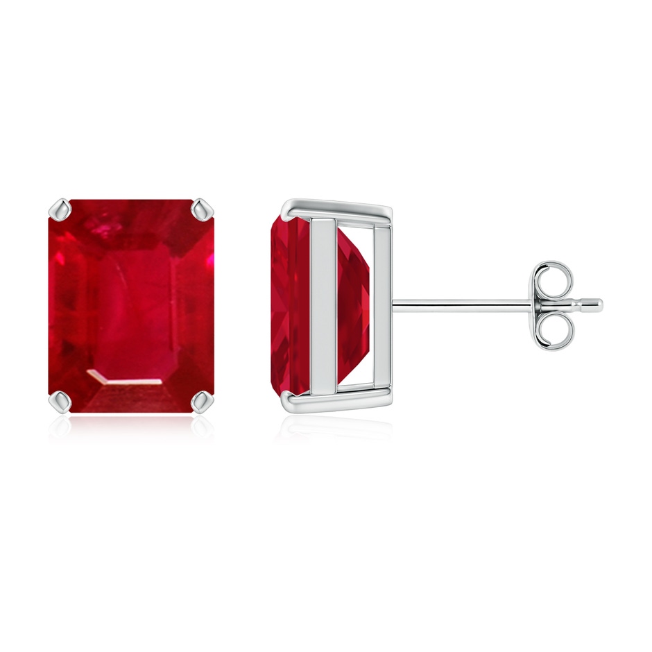 9x7mm AAA Prong-Set Emerald-Cut Ruby Solitaire Stud Earrings in S999 Silver 