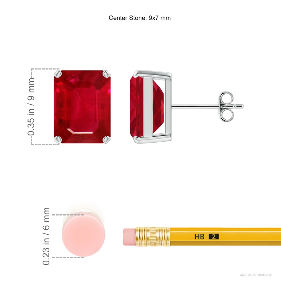9x7mm AAA Prong-Set Emerald-Cut Ruby Solitaire Stud Earrings in S999 Silver ruler