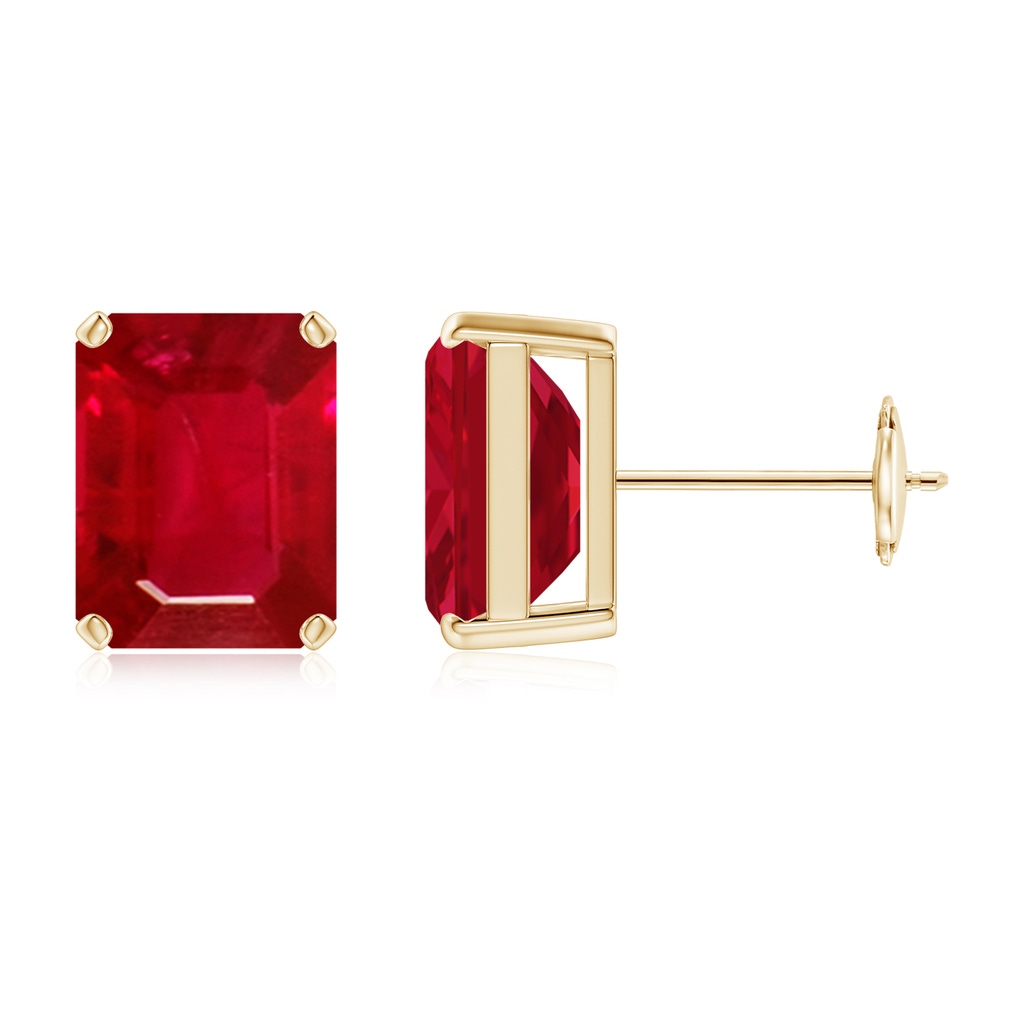 9x7mm AAA Prong-Set Emerald-Cut Ruby Solitaire Stud Earrings in Yellow Gold