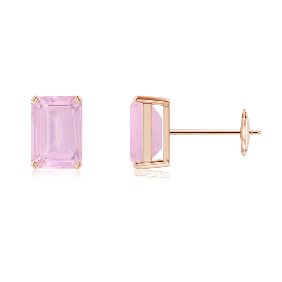 7x5mm AAAA Prong-Set Emerald-Cut Rose Quartz Solitaire Stud Earrings in Rose Gold 
