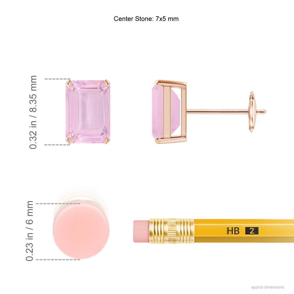7x5mm AAAA Prong-Set Emerald-Cut Rose Quartz Solitaire Stud Earrings in Rose Gold ruler