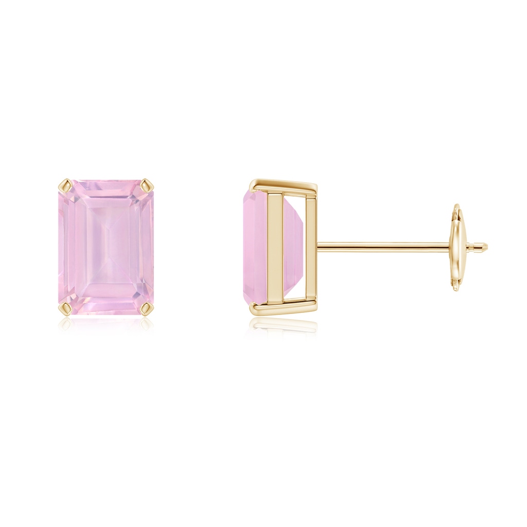 7x5mm AAAA Prong-Set Emerald-Cut Rose Quartz Solitaire Stud Earrings in Yellow Gold