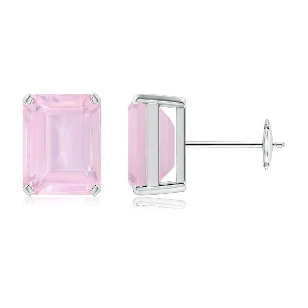 9x7mm AAA Prong-Set Emerald-Cut Rose Quartz Solitaire Stud Earrings in 10K White Gold