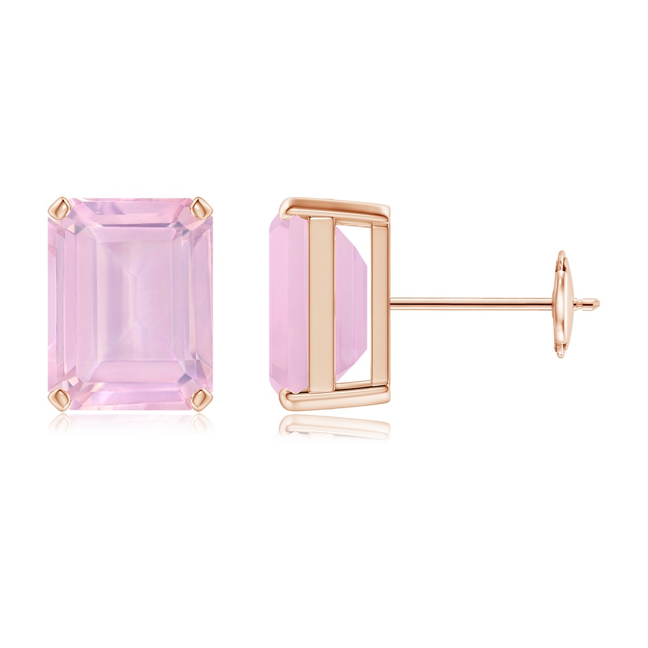 9x7mm AAAA Prong-Set Emerald-Cut Rose Quartz Solitaire Stud Earrings in Rose Gold 