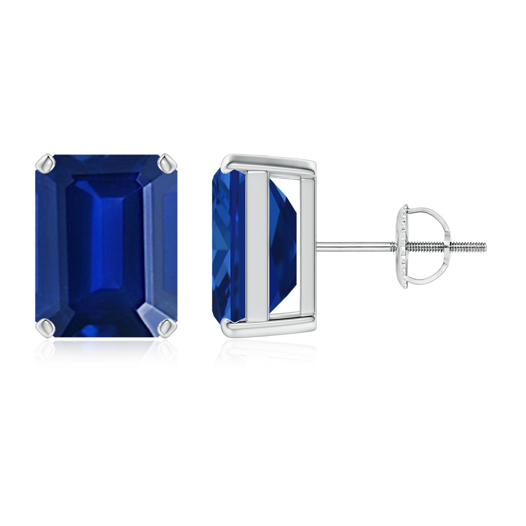 10x8mm Lab-Grown Prong-Set Emerald-Cut Blue Sapphire Solitaire Stud Earrings in P950 Platinum