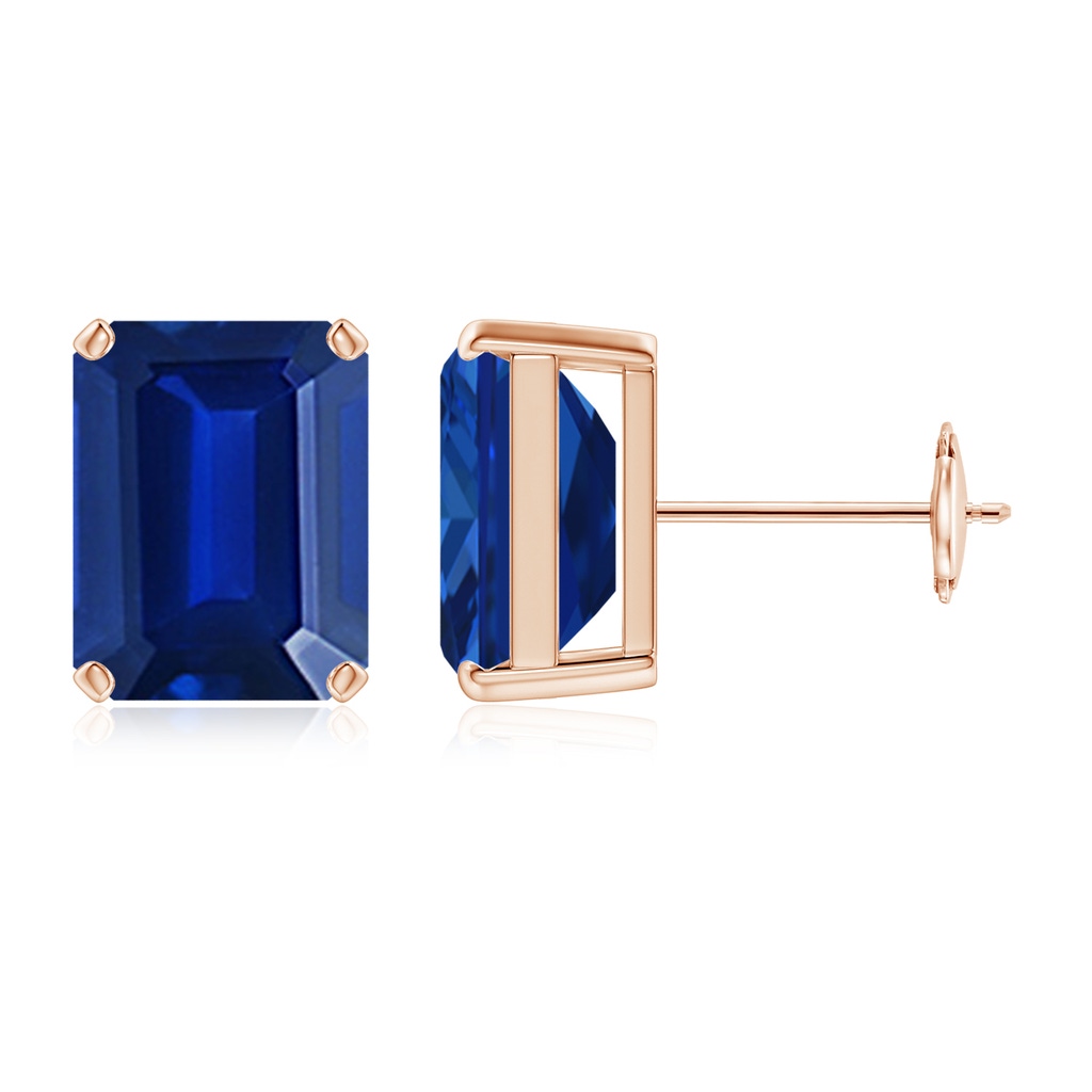 10x8mm AAAA Prong-Set Emerald-Cut Blue Sapphire Solitaire Stud Earrings in Rose Gold