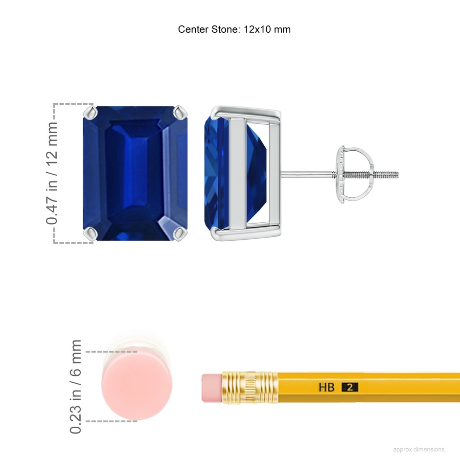 12x10mm Lab-Grown Prong-Set Emerald-Cut Blue Sapphire Solitaire Stud Earrings in P950 Platinum ruler