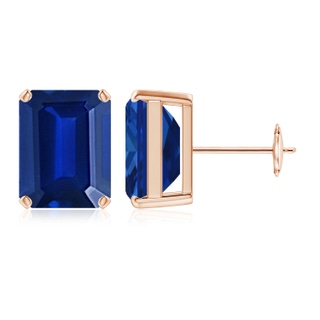 12x10mm Lab-Grown Prong-Set Emerald-Cut Blue Sapphire Solitaire Stud Earrings in Rose Gold