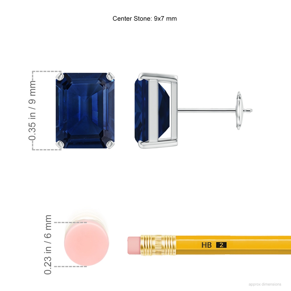 9x7mm AAA Prong-Set Emerald-Cut Blue Sapphire Solitaire Stud Earrings in White Gold ruler