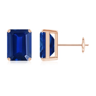 9x7mm AAAA Prong-Set Emerald-Cut Blue Sapphire Solitaire Stud Earrings in Rose Gold