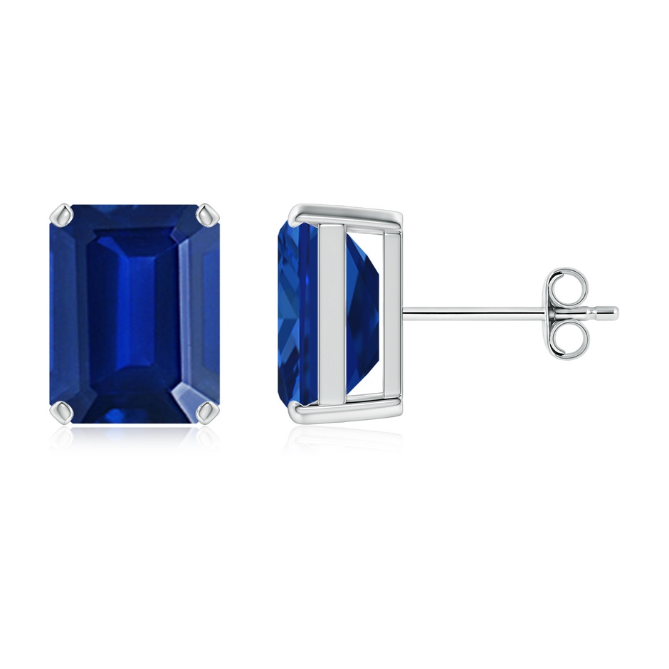 9x7mm Lab-Grown Prong-Set Emerald-Cut Blue Sapphire Solitaire Stud Earrings in S999 Silver 