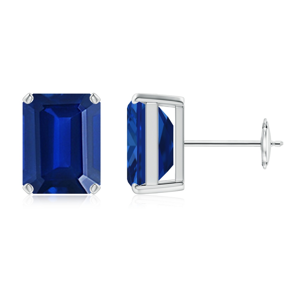 9x7mm Lab-Grown Prong-Set Emerald-Cut Blue Sapphire Solitaire Stud Earrings in White Gold