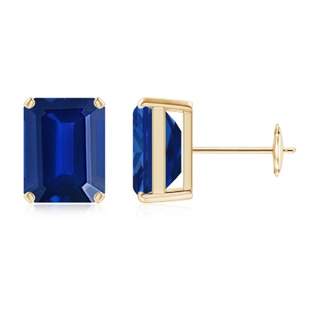 9x7mm Lab-Grown Prong-Set Emerald-Cut Blue Sapphire Solitaire Stud Earrings in Yellow Gold