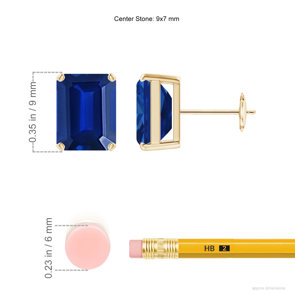 9x7mm Lab-Grown Prong-Set Emerald-Cut Blue Sapphire Solitaire Stud Earrings in Yellow Gold ruler