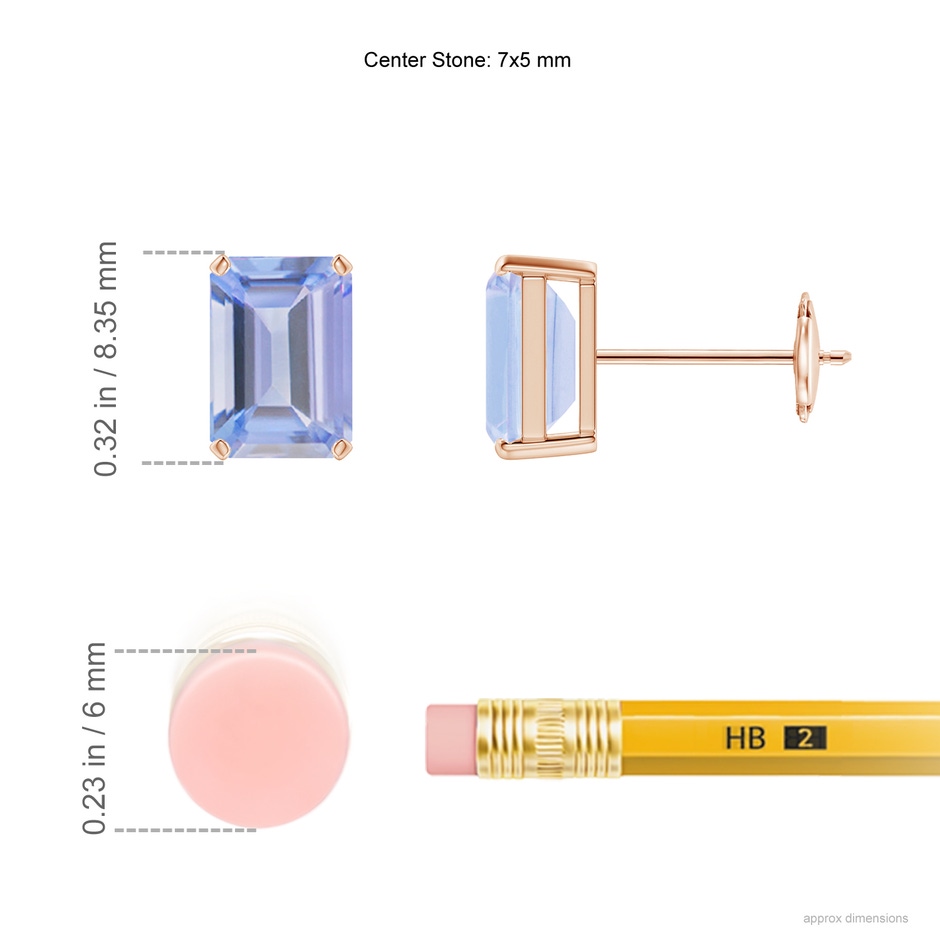 7x5mm A Prong-Set Emerald-Cut Tanzanite Solitaire Stud Earrings in Rose Gold ruler