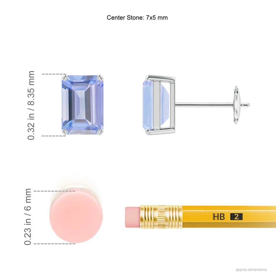 7x5mm A Prong-Set Emerald-Cut Tanzanite Solitaire Stud Earrings in White Gold ruler