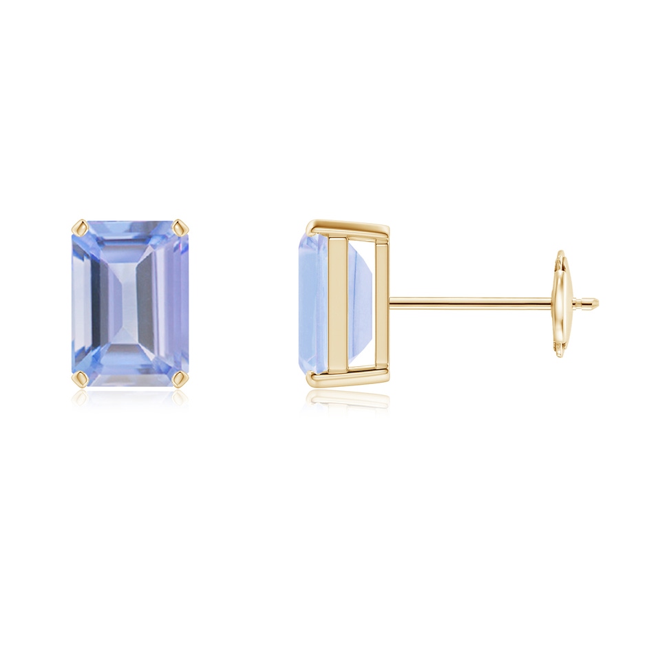 7x5mm A Prong-Set Emerald-Cut Tanzanite Solitaire Stud Earrings in Yellow Gold 