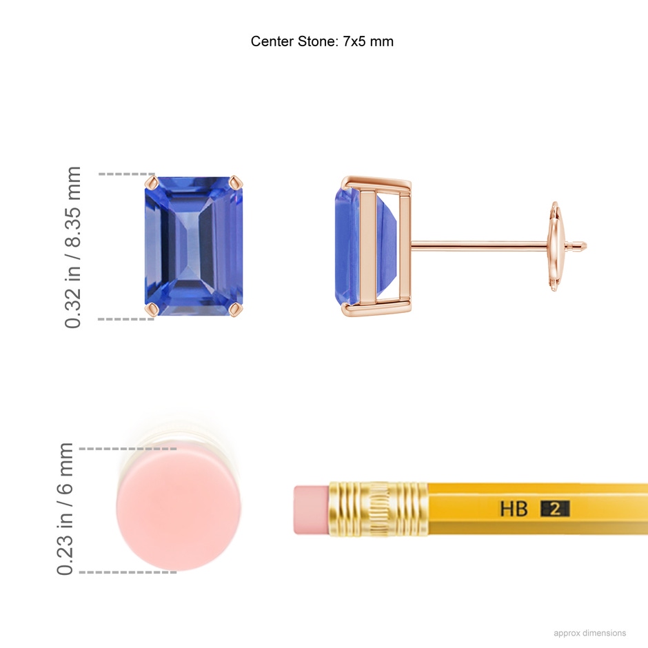 7x5mm AA Prong-Set Emerald-Cut Tanzanite Solitaire Stud Earrings in Rose Gold ruler