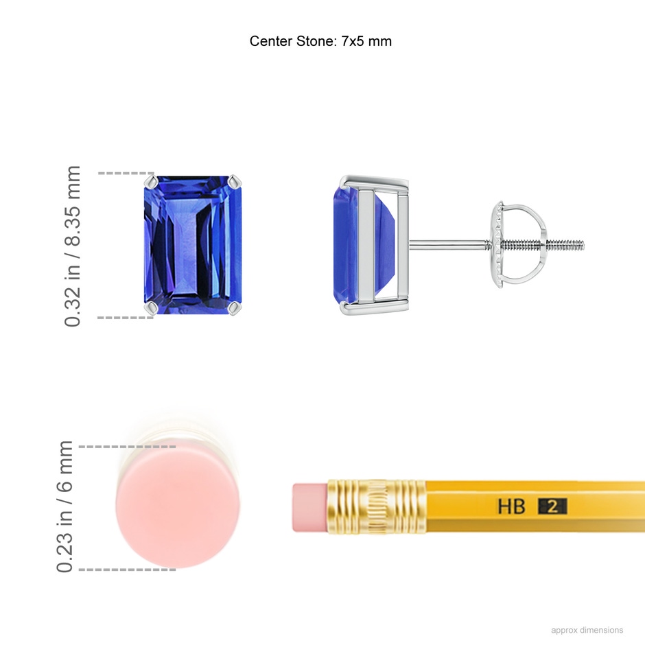7x5mm AAA Prong-Set Emerald-Cut Tanzanite Solitaire Stud Earrings in P950 Platinum ruler