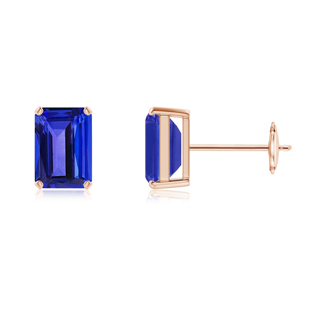 7x5mm AAAA Prong-Set Emerald-Cut Tanzanite Solitaire Stud Earrings in Rose Gold