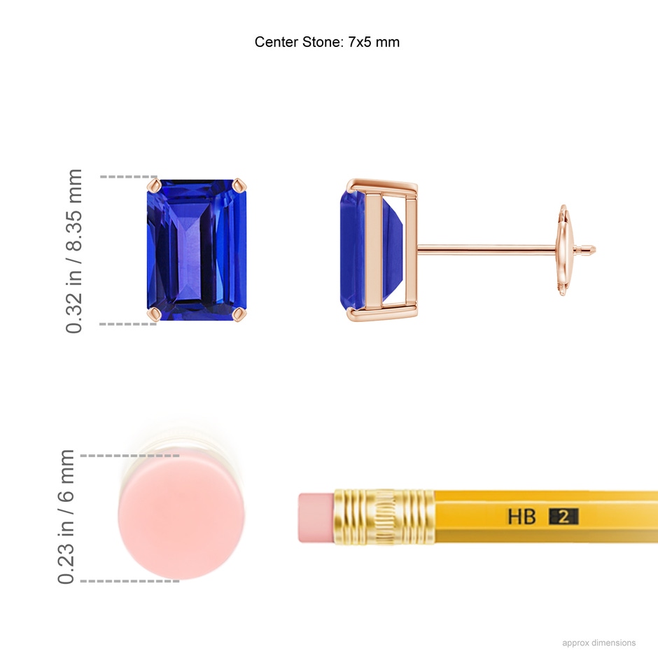 7x5mm AAAA Prong-Set Emerald-Cut Tanzanite Solitaire Stud Earrings in Rose Gold ruler
