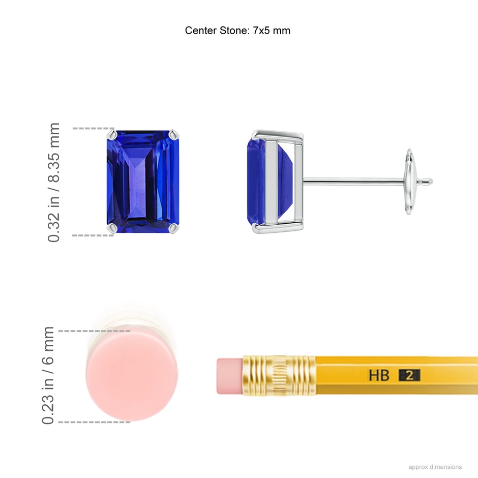 7x5mm AAAA Prong-Set Emerald-Cut Tanzanite Solitaire Stud Earrings in White Gold ruler