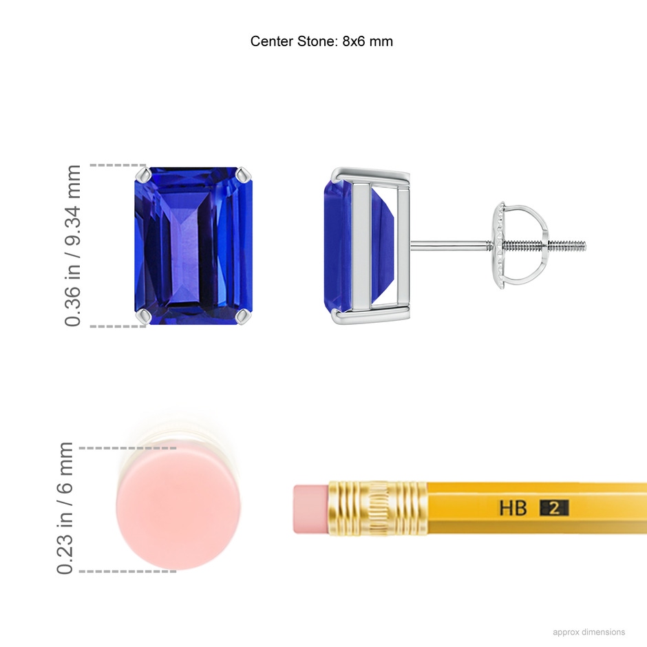 8x6mm AAAA Prong-Set Emerald-Cut Tanzanite Solitaire Stud Earrings in P950 Platinum ruler
