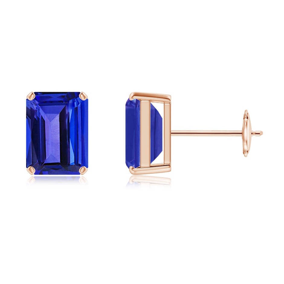 8x6mm AAAA Prong-Set Emerald-Cut Tanzanite Solitaire Stud Earrings in Rose Gold 