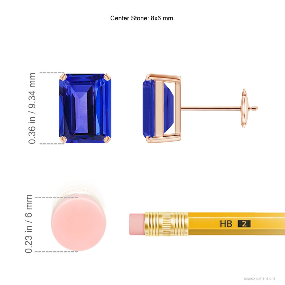 8x6mm AAAA Prong-Set Emerald-Cut Tanzanite Solitaire Stud Earrings in Rose Gold ruler