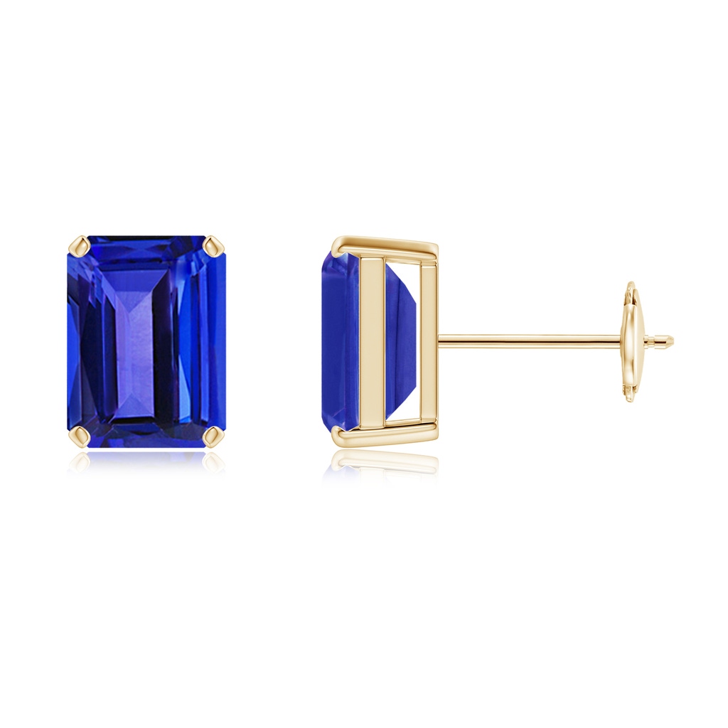 8x6mm AAAA Prong-Set Emerald-Cut Tanzanite Solitaire Stud Earrings in Yellow Gold