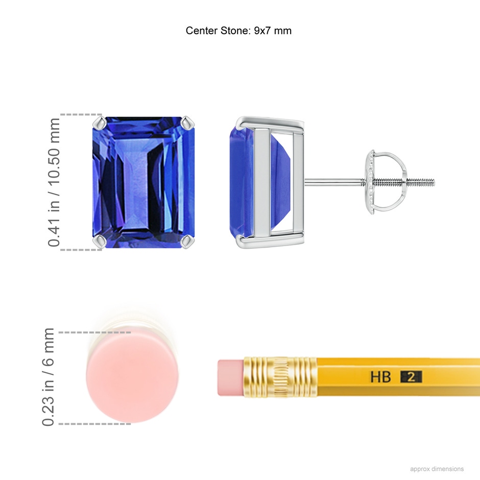 9x7mm AAA Prong-Set Emerald-Cut Tanzanite Solitaire Stud Earrings in P950 Platinum ruler