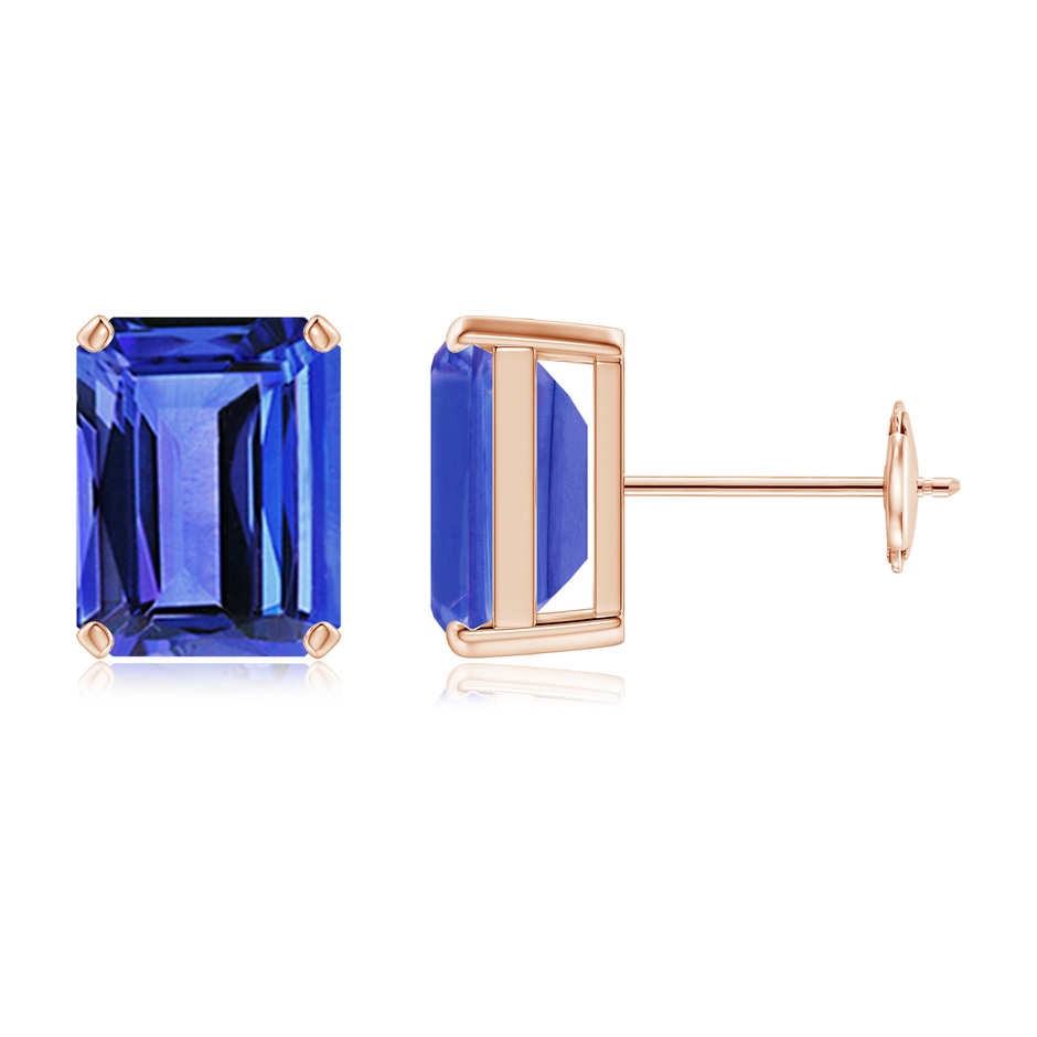 9x7mm AAA Prong-Set Emerald-Cut Tanzanite Solitaire Stud Earrings in Rose Gold 