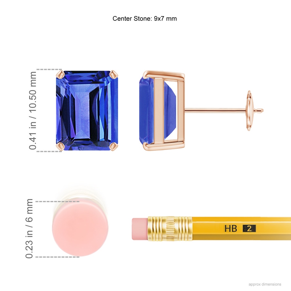 9x7mm AAA Prong-Set Emerald-Cut Tanzanite Solitaire Stud Earrings in Rose Gold ruler