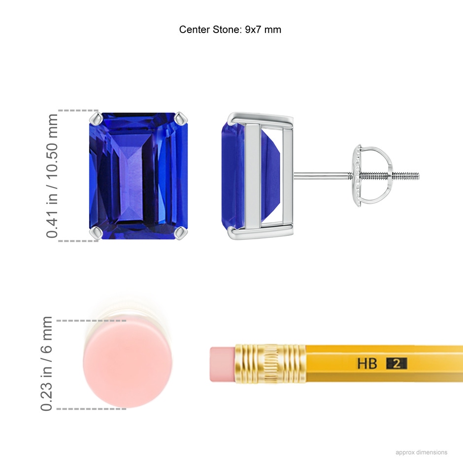 9x7mm AAAA Prong-Set Emerald-Cut Tanzanite Solitaire Stud Earrings in P950 Platinum ruler