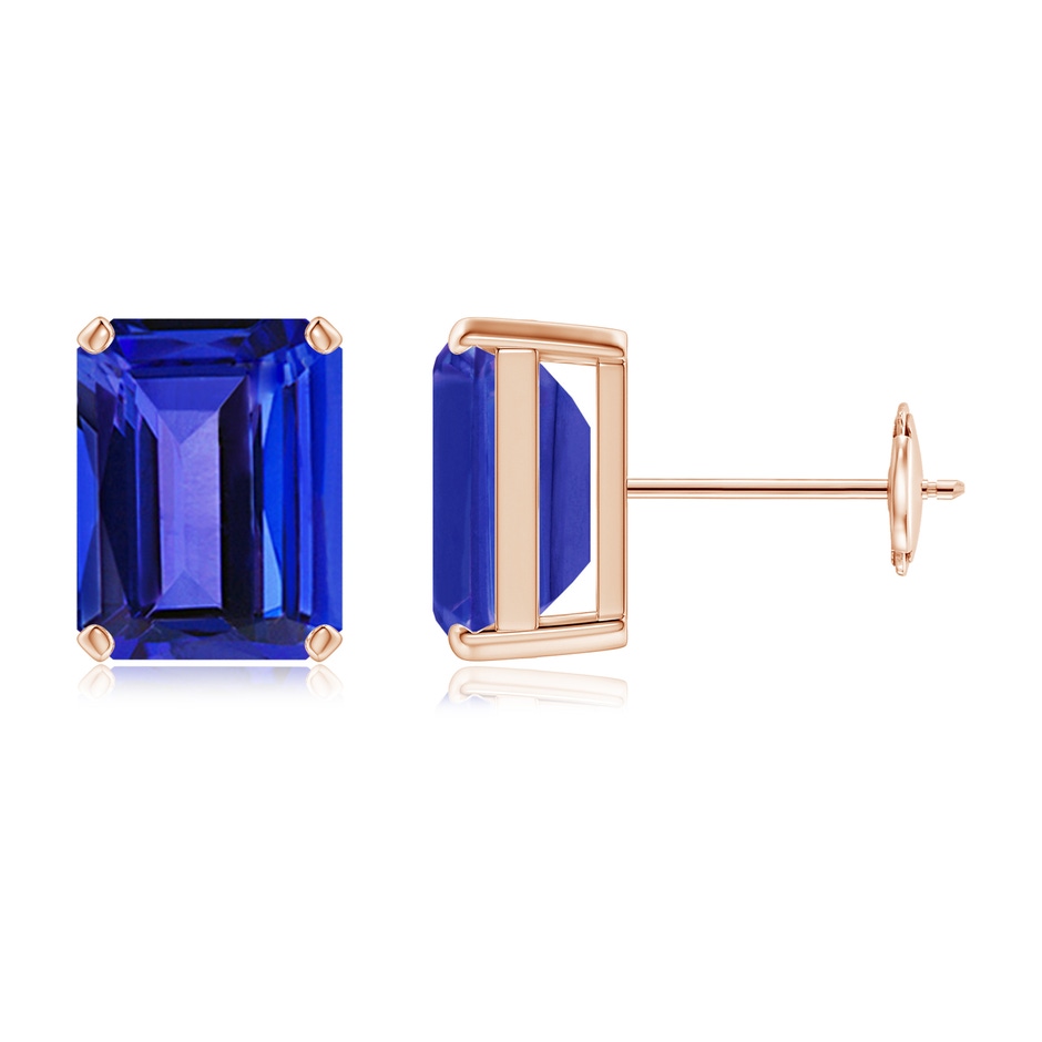 9x7mm AAAA Prong-Set Emerald-Cut Tanzanite Solitaire Stud Earrings in Rose Gold 