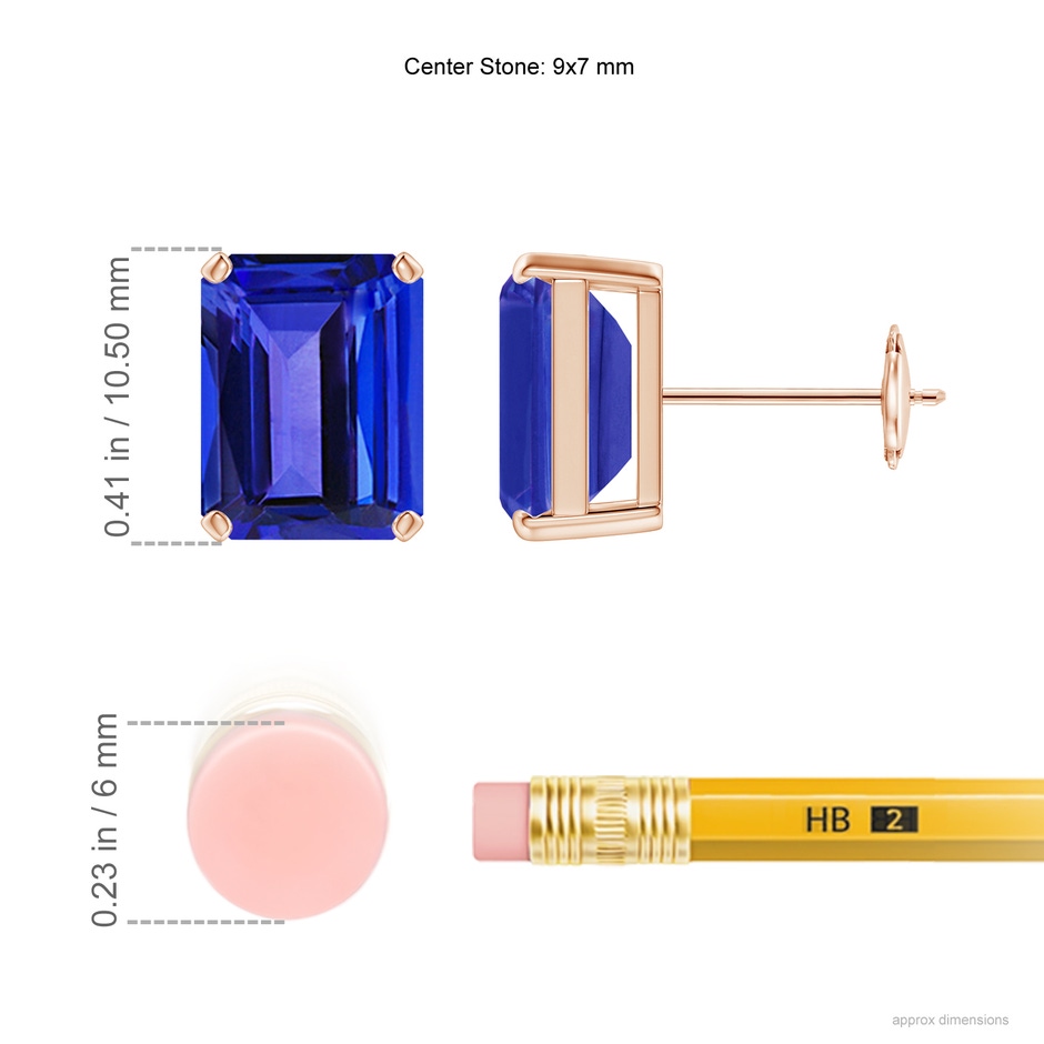 9x7mm AAAA Prong-Set Emerald-Cut Tanzanite Solitaire Stud Earrings in Rose Gold ruler