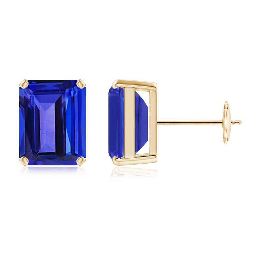 9x7mm AAAA Prong-Set Emerald-Cut Tanzanite Solitaire Stud Earrings in Yellow Gold